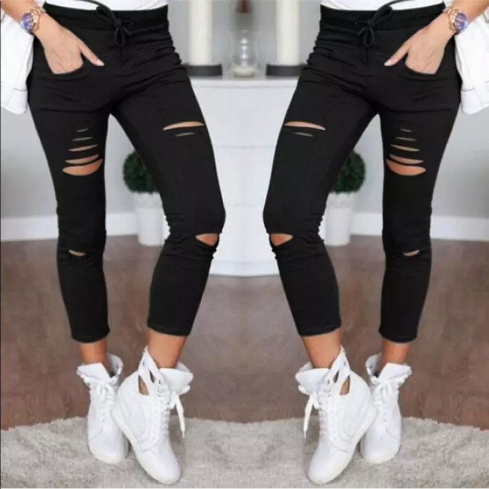 💋NEW black ripped  pencil pants Sz Xl but fit like a sm